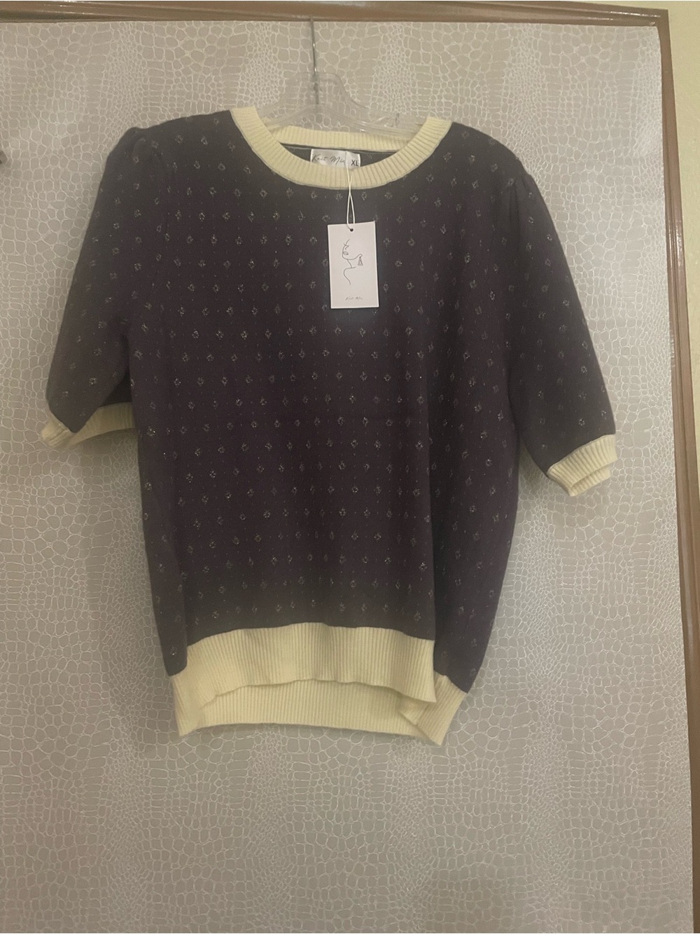 NEW Knit Mix Short-Sleeve Patterned Knit Top in Dark Brown with Cream Trim
